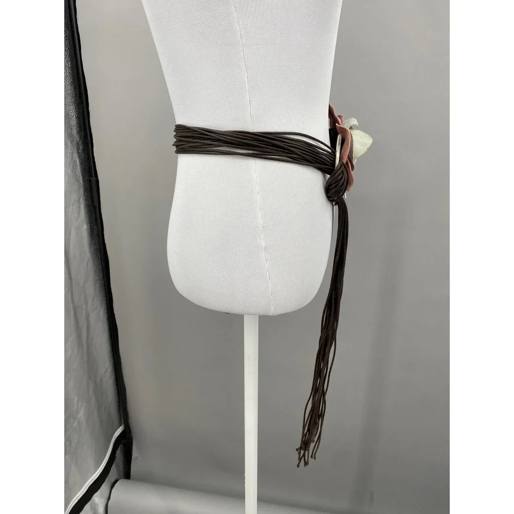 Y2K LC Leather Petal Flower Cord Wrap Belt O/S Pink Boho Floral Brown Cord Rose